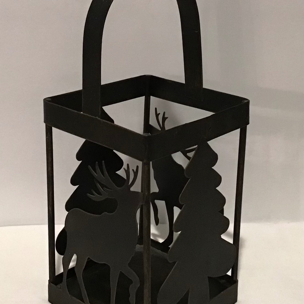 Black Matte Metal Lantern‎ Candle Holder Moose Trees Mountains Outdoors 13 X 4.5